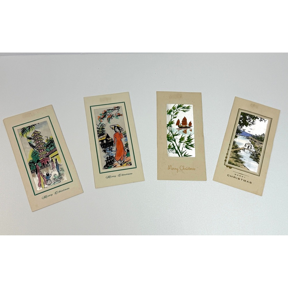 Vintage Silk Screened Asian Art‎ Christmas Cards Lot of 4 Ephemera Nostalgic